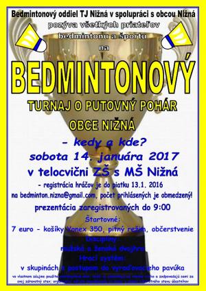 Pozývame Vás v sobotu 14. 1. 2017 na bedmintonový turnaj 1